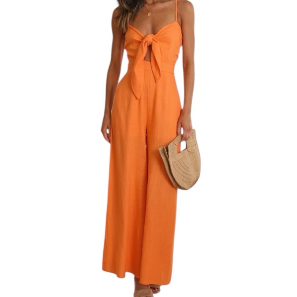 The Free Yoga Orange Crinkle Fabric Tie Front Jumpsuit M